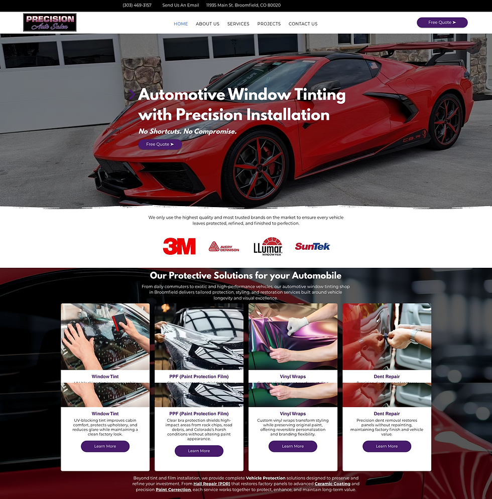 Precision Auto Salon homepage with red sports car, Automotive Window Tinting headline, Free Quote buttons, and service tiles