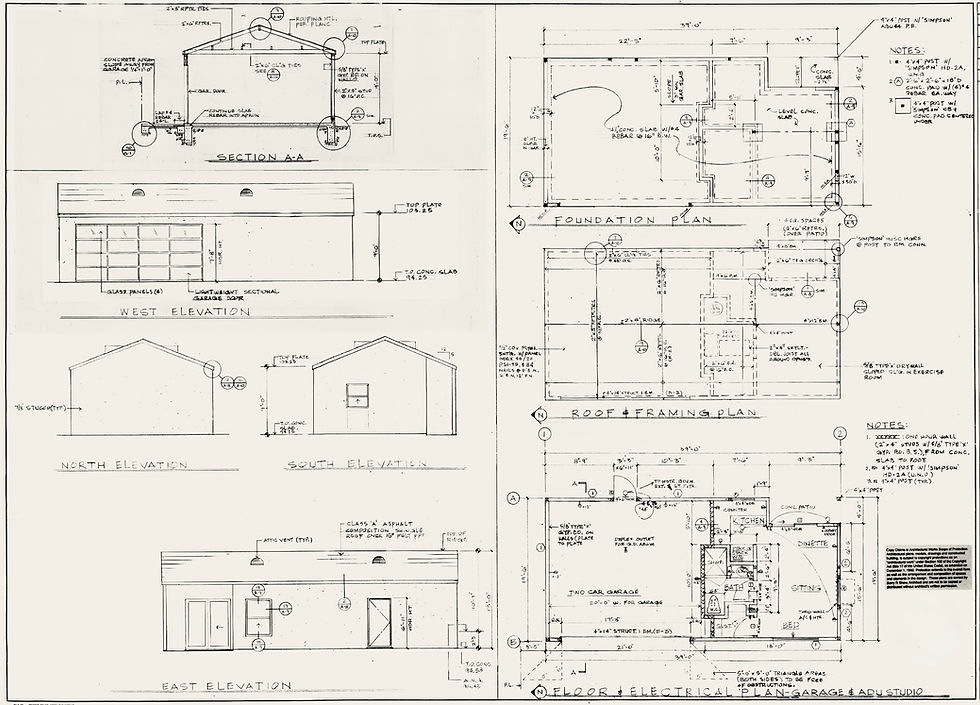 Blueprint showing foundation, roof, and floor plans for a garage and ADU studio. Includes measurements, notes, and labeled rooms. Monochrome.