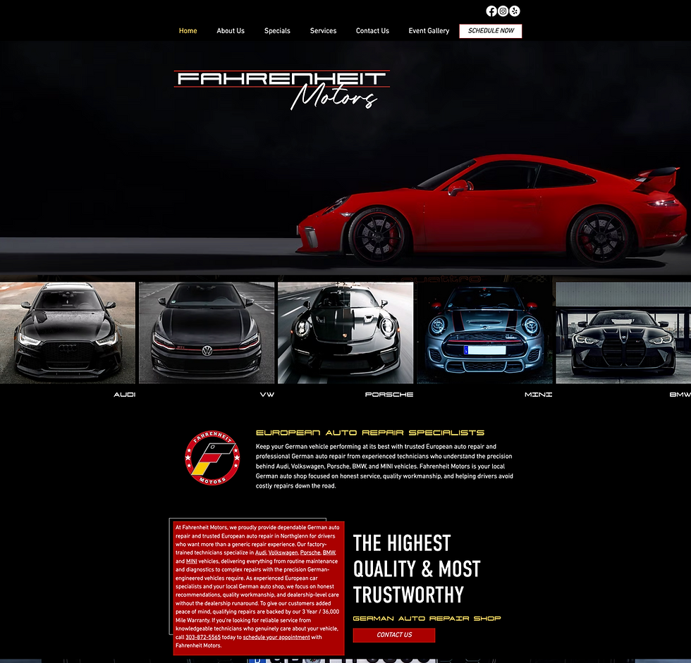 Fahrenheit Motors website homepage with red sports car, black background, menu links, service logos, and Schedule Now button
