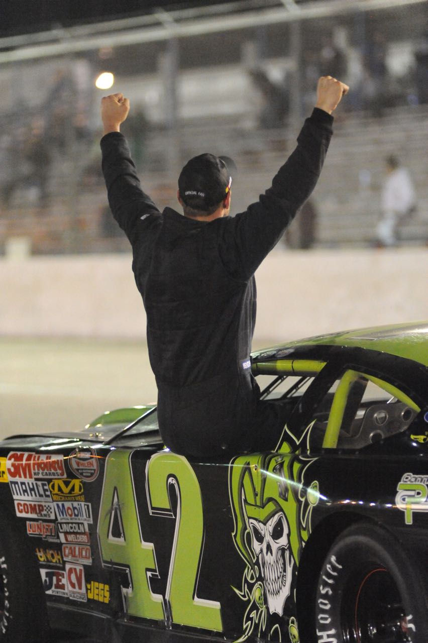 Mark Neff celebrates winning his first Late Model championship at CNS (Starr photo)