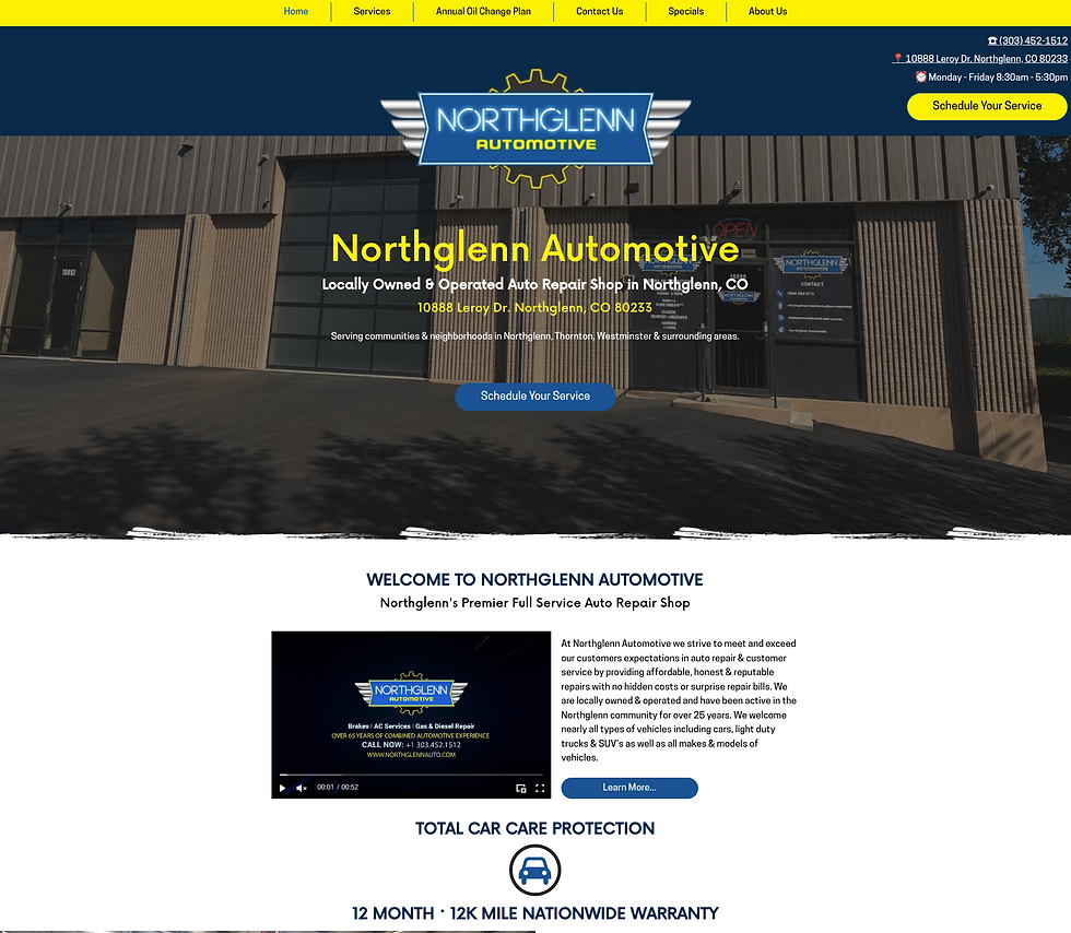 Northglenn Automotive website homepage showing shop photo, logo, service buttons, address, and auto repair details on blue and yellow layout