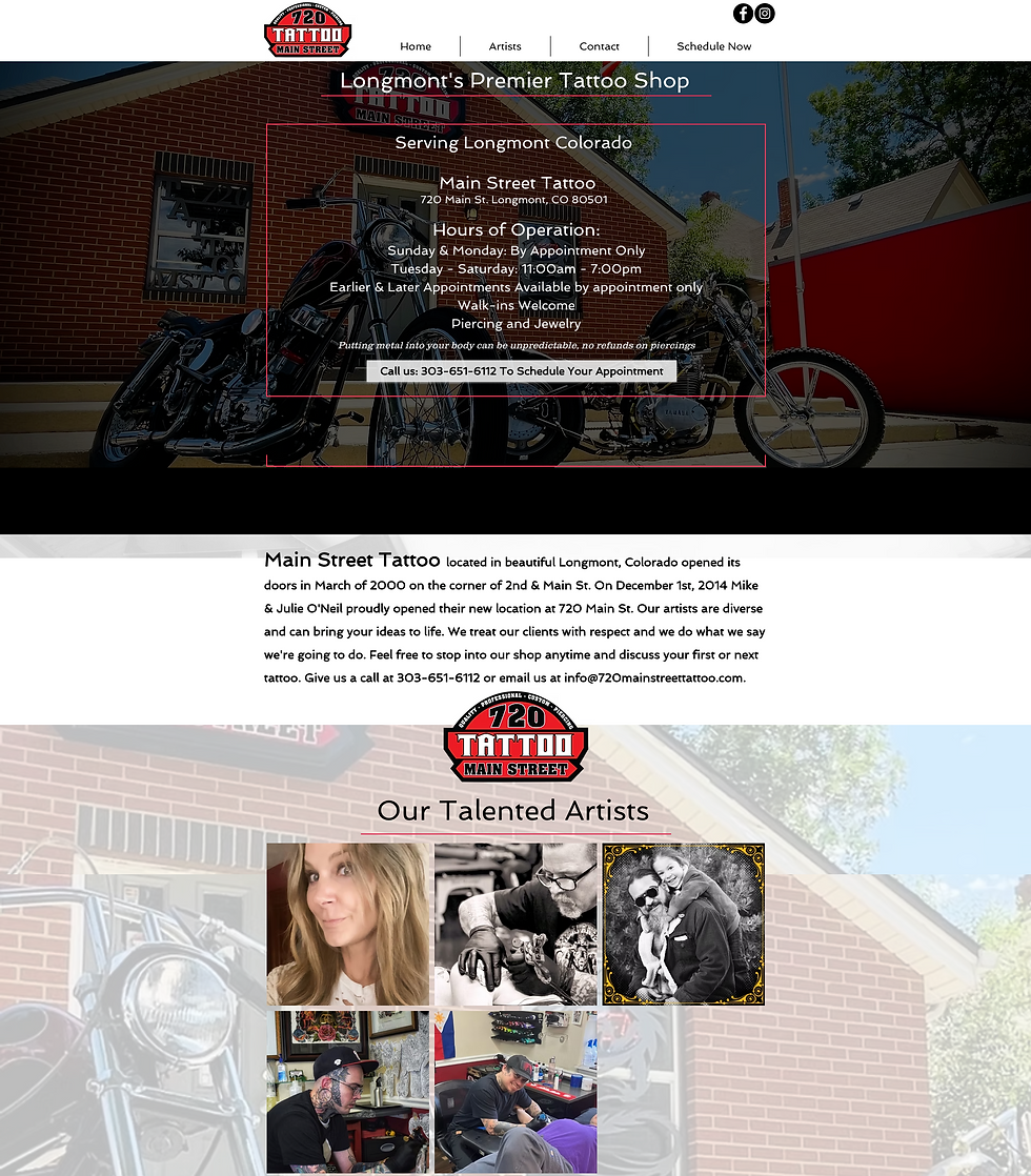 Website for Main Street Tattoo in Longmont, Colorado, with biker photos, hours, call-to-action, and artist portraits.
