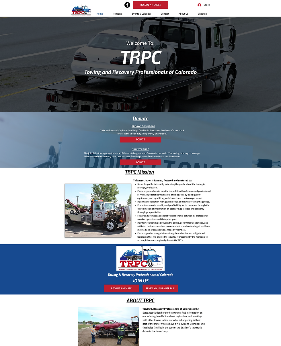TRPC website homepage with tow truck hero image, Donate and Become a Member buttons, and mission and about sections below