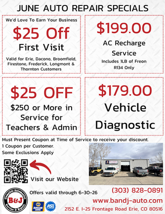 June Auto Repair Specials - B&J Automotive & Storage Erie, CO