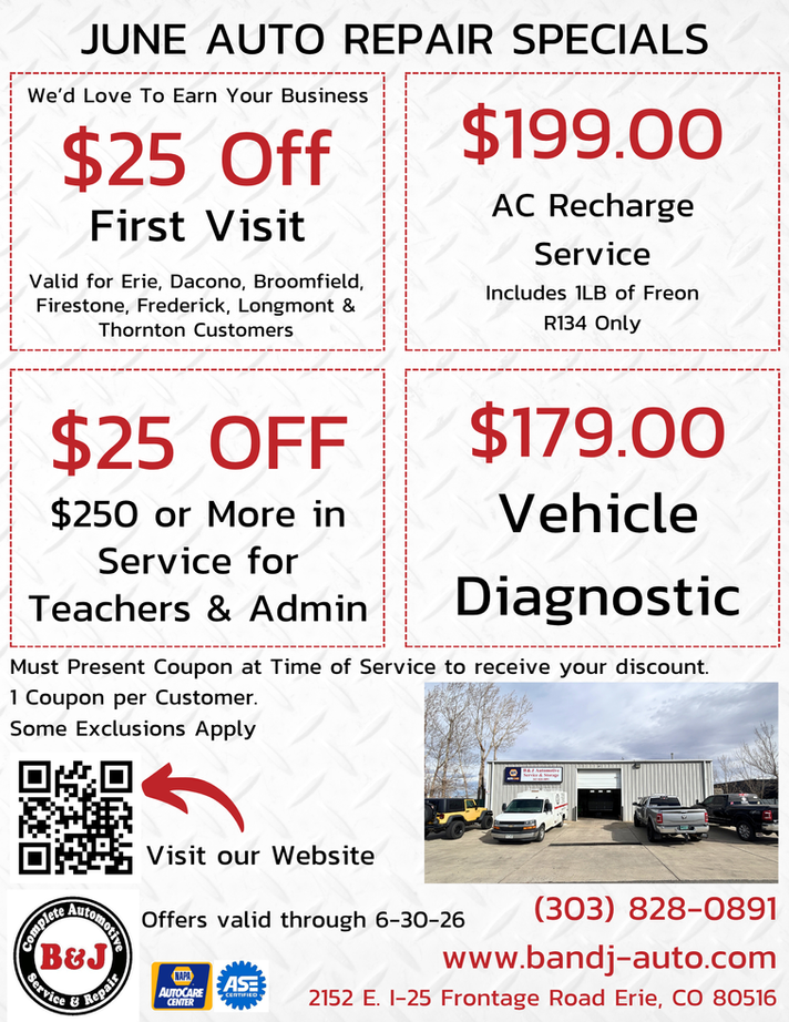 May Auto Repair Specials - B&J Automotive & Storage Erie, CO