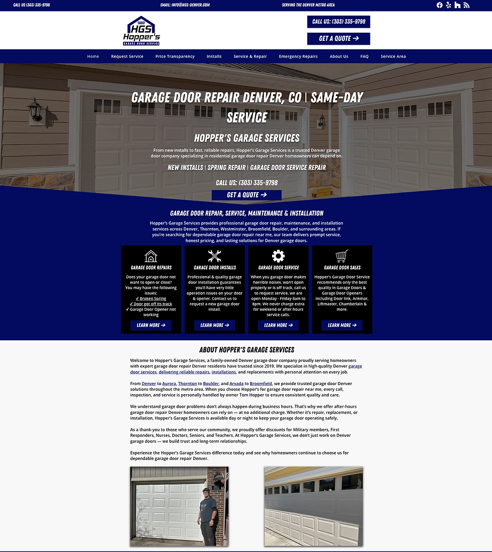 Hopper’s Garage Services website homepage with garage doors, blue navigation bar, and text: Garage Door Repair Denver, CO | Same-Day Service