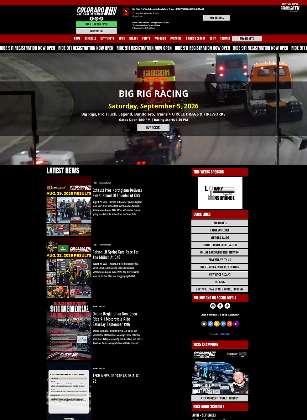 Colorado National Speedway webpage with Big Rig Racing hero banner, buy tickets buttons, news posts, sponsor sidebar, and race trucks on track