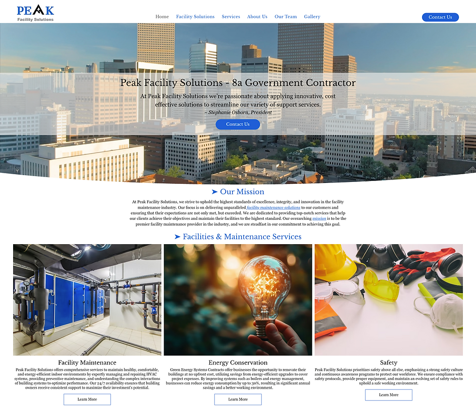 Peak Facility Solutions homepage with city skyline, Contact Us button, mission text, and service tiles for maintenance, energy, safety