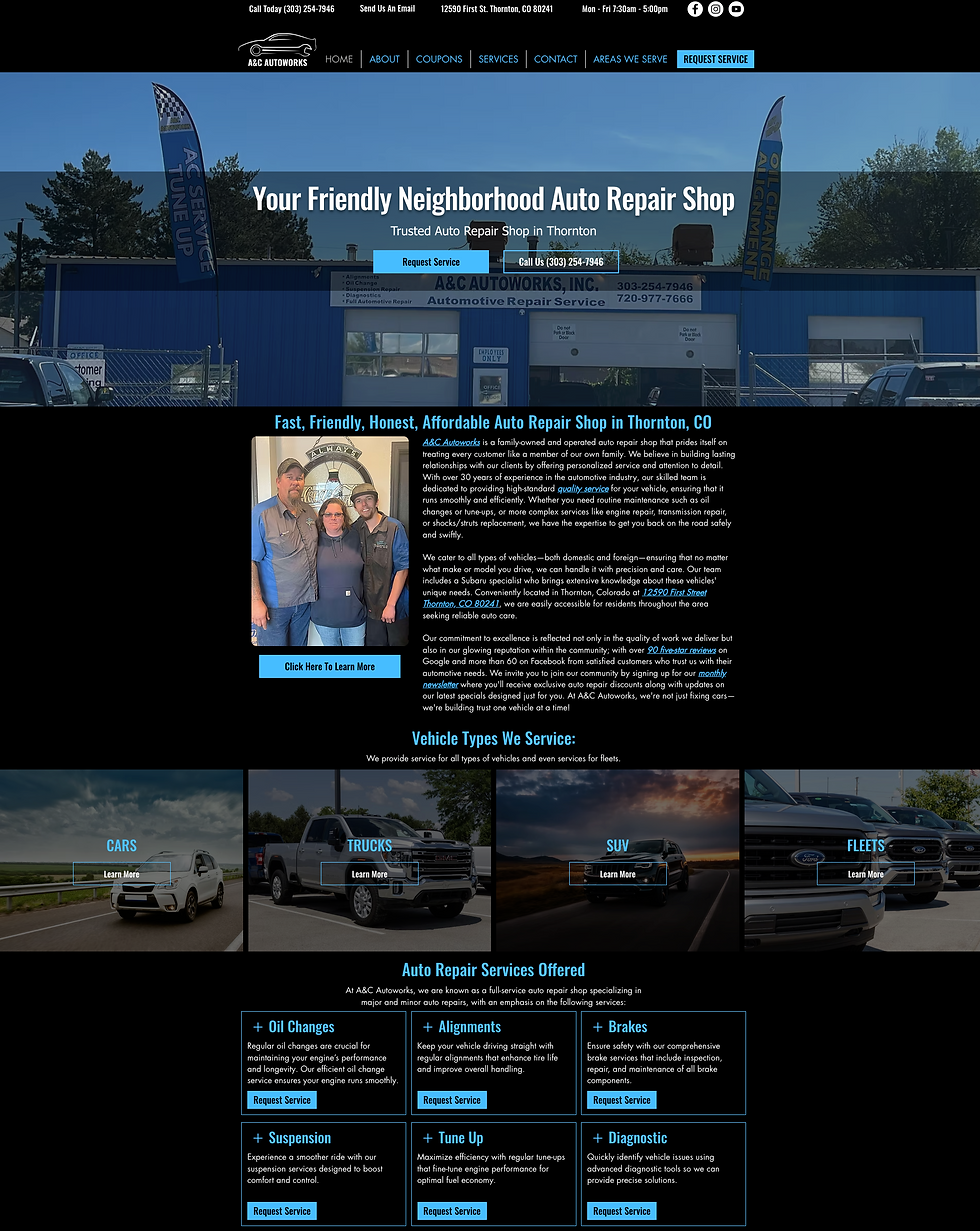 A&C Autoworks website homepage showing blue auto shop, request service buttons, repair services, and vehicle type tiles.