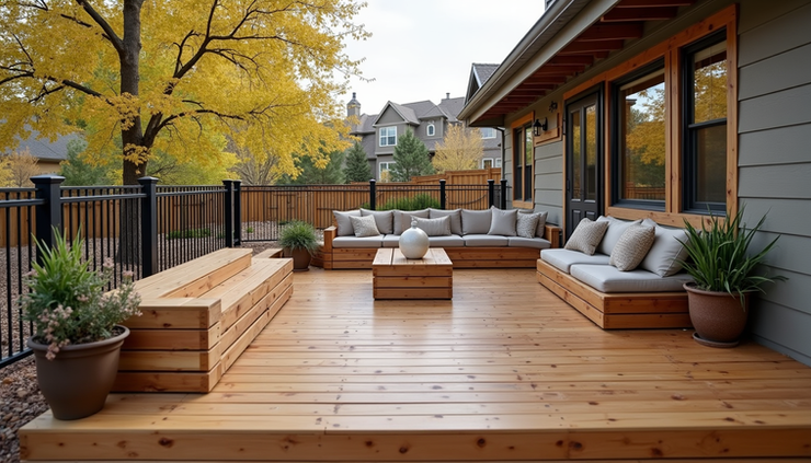 Eye-level view of a custom wooden deck with built-in seating in a Parker backyard