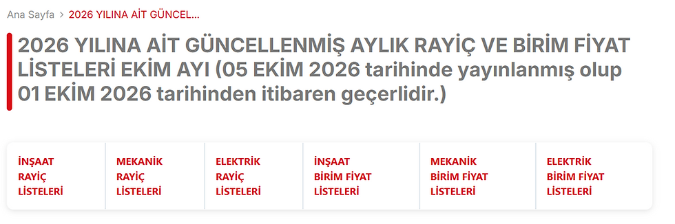 2026 Yılına Ait Güncellenmiş Aylık Rayiç ve Birim Fiyat Listeleri: Ekim Ayı Değerlendirmesi