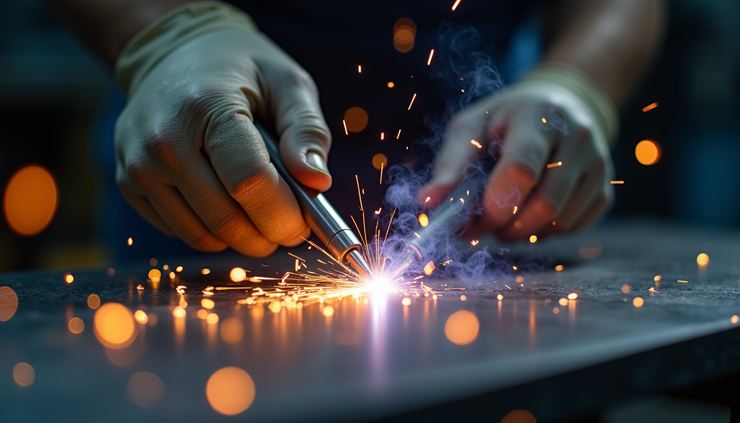 Close-up view of spot resistance welding electrodes joining metal sheets