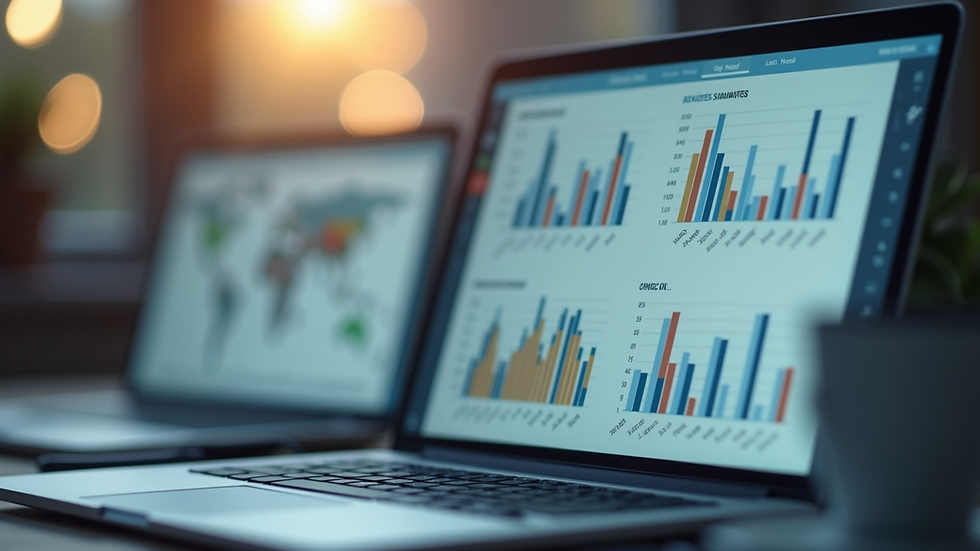 Close-up view of a business presentation with charts and graphs on a laptop screen