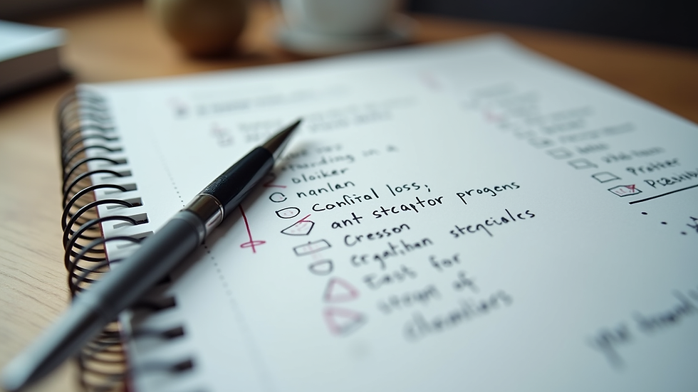 Close-up view of a notebook with startup planning notes and a pen