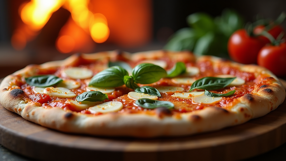 Close-up view of a wood-fired Neapolitan pizza with fresh basil