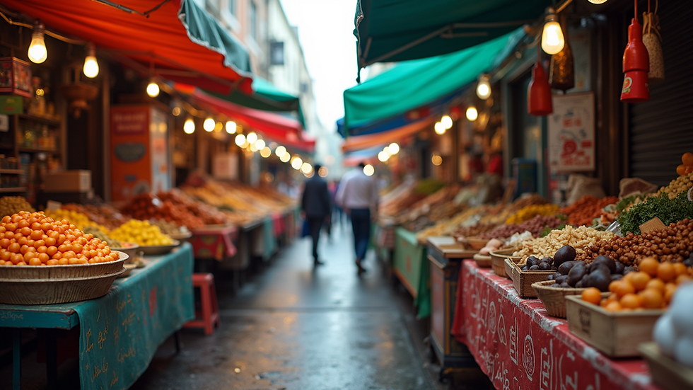 Eye-level view of a vibrant street food market with colorful stalls