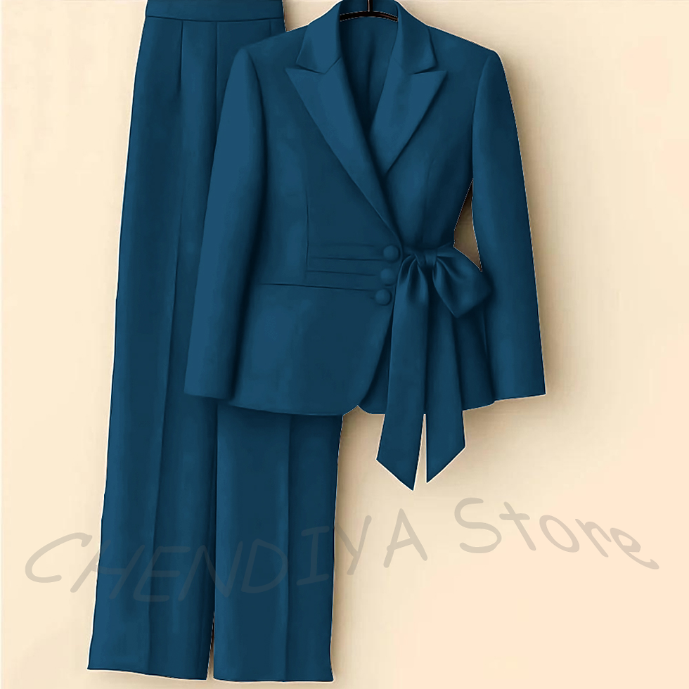 Thumbnail: Modern Fashion Women's Suit Set Two Piece With Bow Peaked Lapel Solid Color High