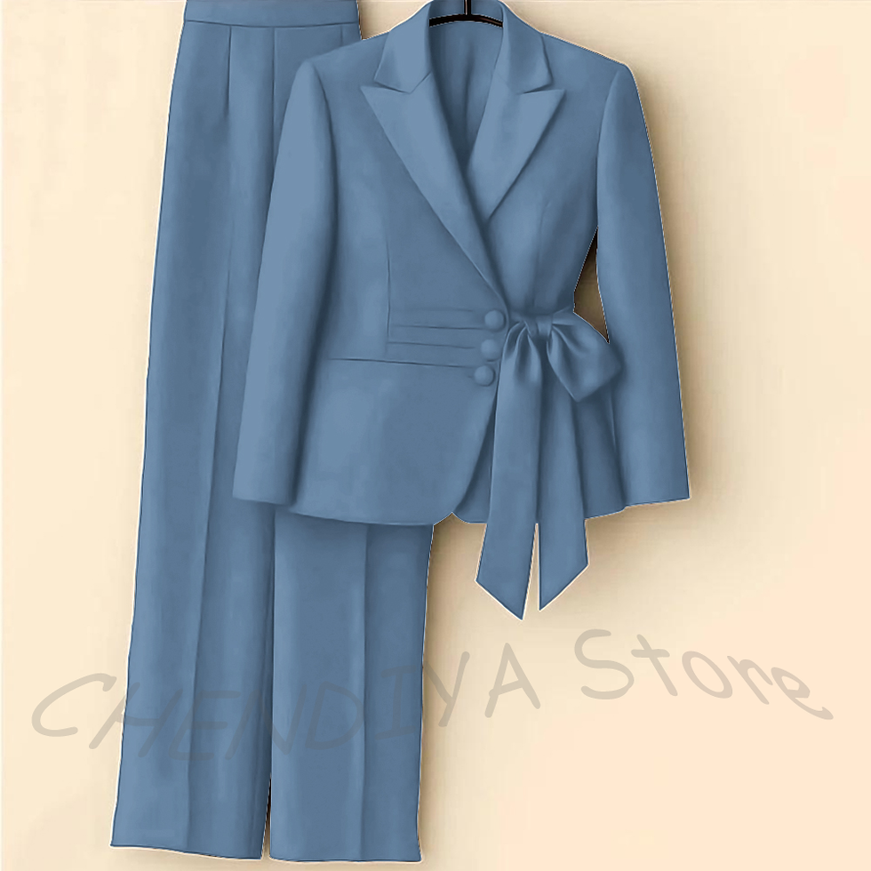 Thumbnail: Modern Fashion Women's Suit Set Two Piece With Bow Peaked Lapel Solid Color High