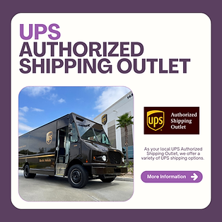 Graphic displaying a UPS truck with a UPS Authorized Shipping Outlet logo and overlaying text.