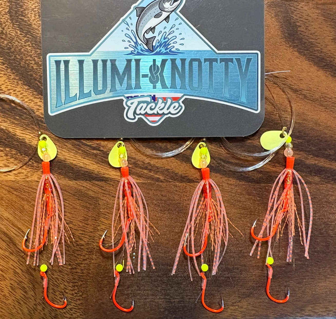 Orange w/ Pink/Fl Yellow U.V. & Glow Super Tube Hoochie Kokanee/Tube Fly Snelled