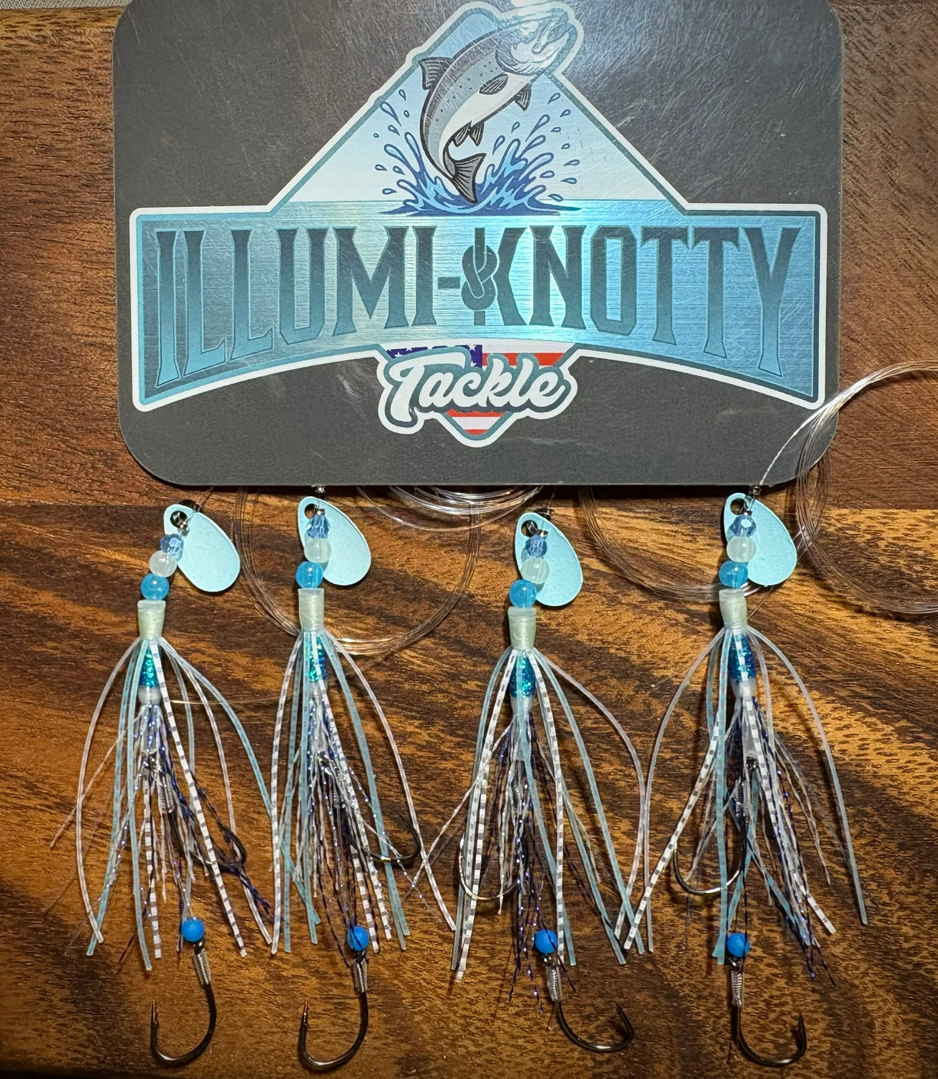 White w/ Blue UV & Glow Kokanee/Trout Super Tube Hoochie Tube Fly, Snelled