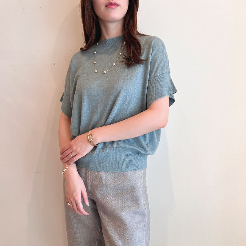 Thumbnail: linen cotton wide crew neck knit blue green
