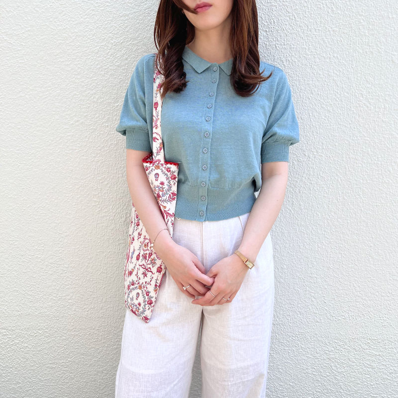 Thumbnail: linen cotton polo knit top blue green