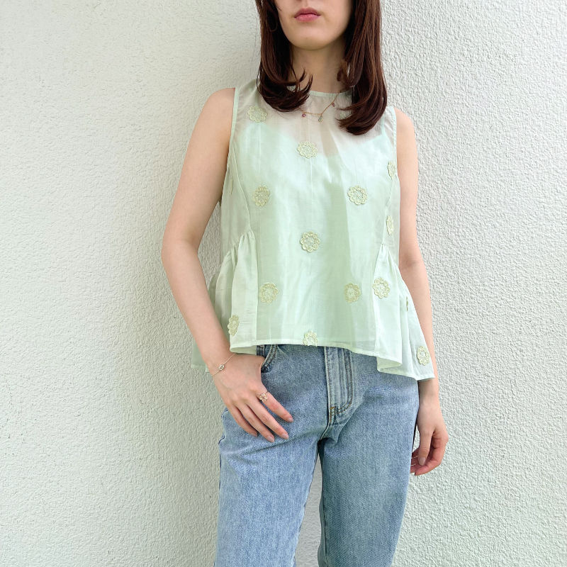mint green floral embroidery top