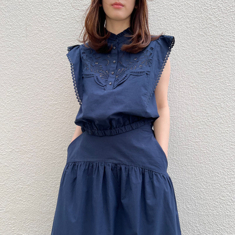 サムネイル： organic cotton cutwork lace blouse navy