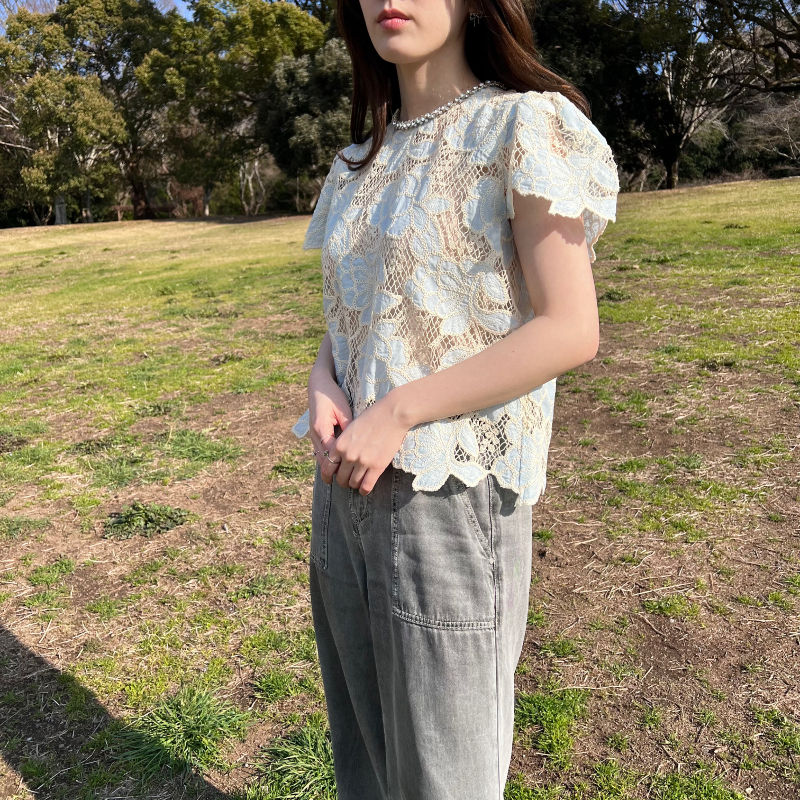 Thumbnail: floral lace bijou short sleeve top