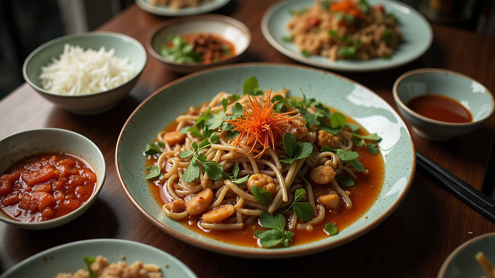 High angle view of a Vietnamese home-cooked meal with various dishes