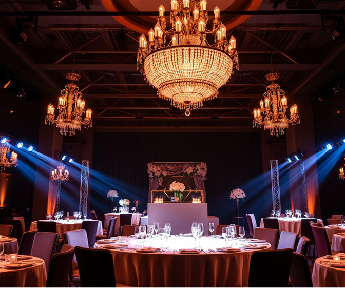 Elegant event hall with chandeliers and dramatic lighting
