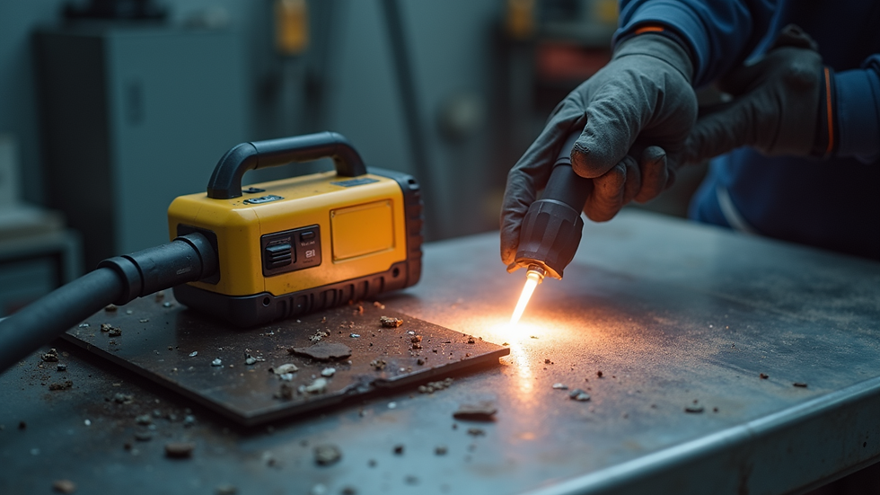 High angle view of a portable laser cleaner in use on a metal surface