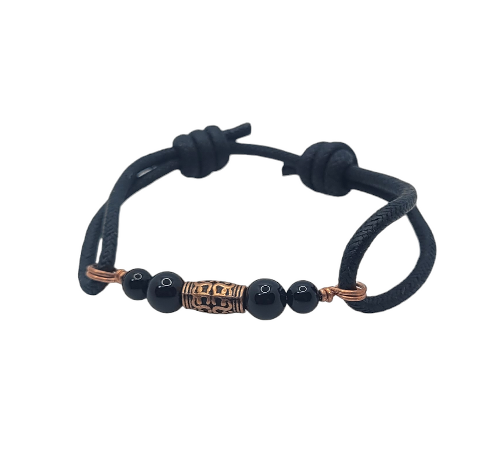 Thumbnail: Mens cord bracelet with black onyx and copper beads