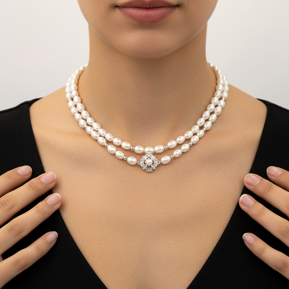 Thumbnail: Double strand cultured pearl necklace with pearl and sterling silver front connector, displayed on mannequin