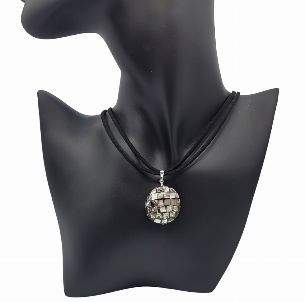Abalone mosaic pendant on black cord displayed on black necklace bust