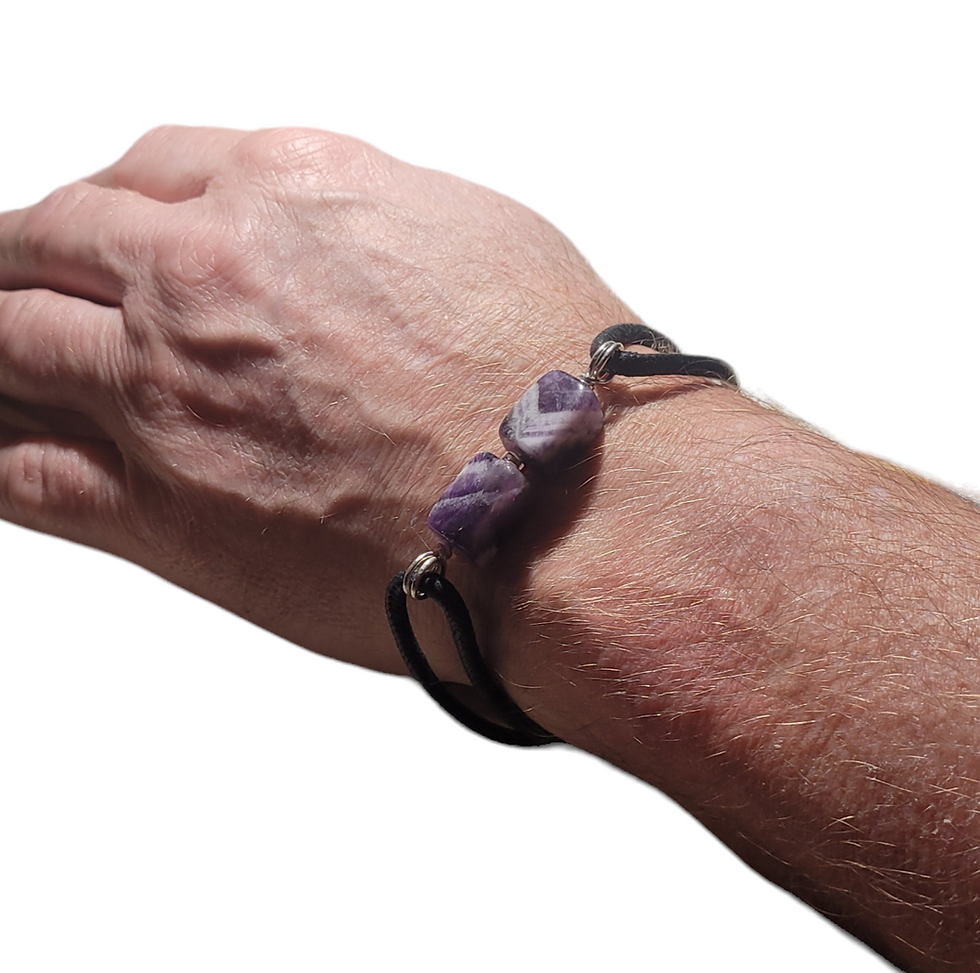 Thumbnail: Mens cord bracelet with 2 square amethyst beads, displayed on wrist