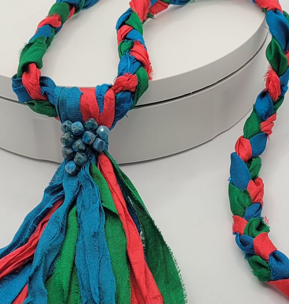 Sari silk necklace in red green and blue with tassel