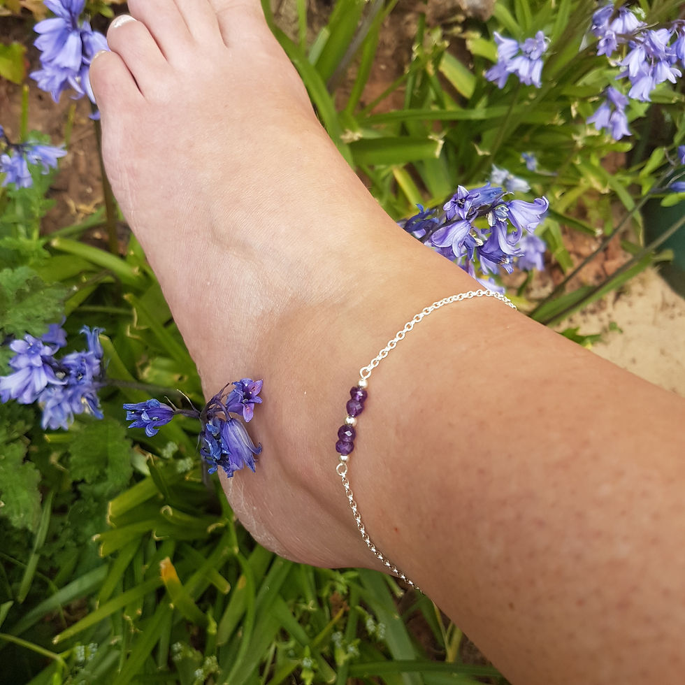 Thumbnail: Amethyst and sterling silver anklet, displayed on ankle