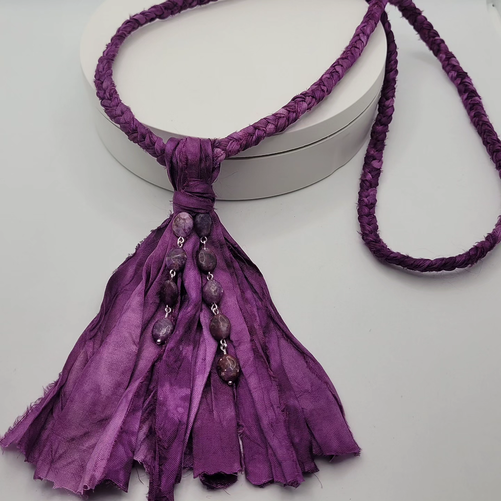 Purple Sari silk tassel necklace with Lepidolite beads