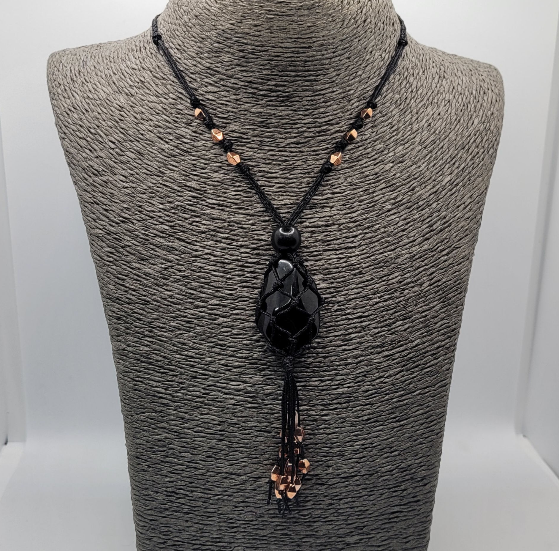 Black Obsidian Crystal Macrame Necklace 
