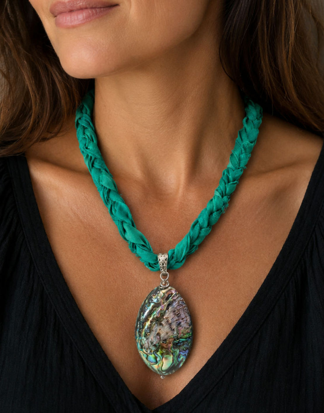 Abalone Shell and Sea Green Sari Silk Necklace