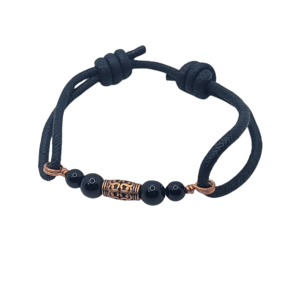 Thumbnail: Mens cord bracelet with black onyx and copper beads