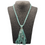 Thumbnail: Pale green plaited sari silk longline with matching tassel at the bottom, decorated with amazonite heart beads and silver plaited chain. Displayed on grey necklace bust.