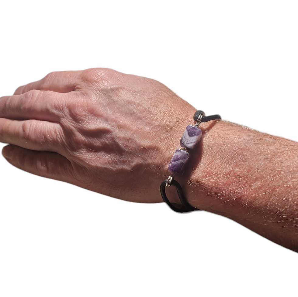Thumbnail: Mens cord bracelet with 2 square amethyst beads, displayed on wrist