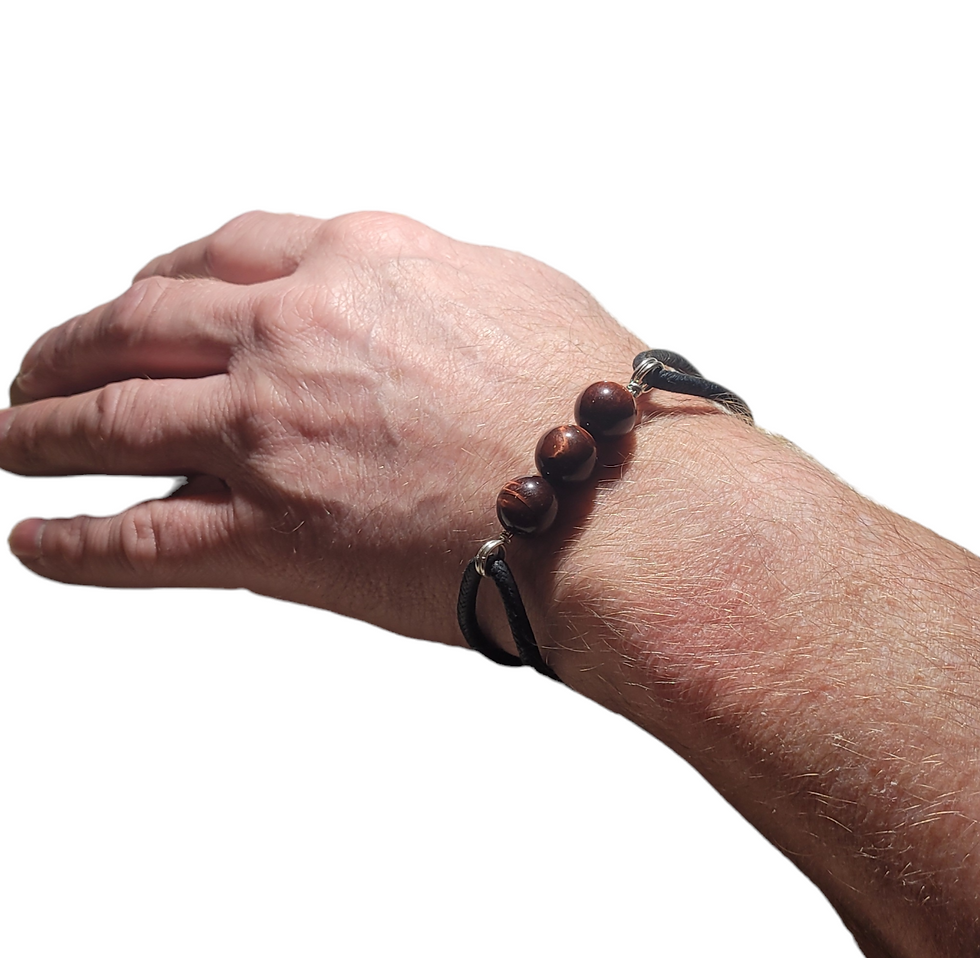 Thumbnail: Black cord bracelet with red tigers eye beads, displayed on men's wrist