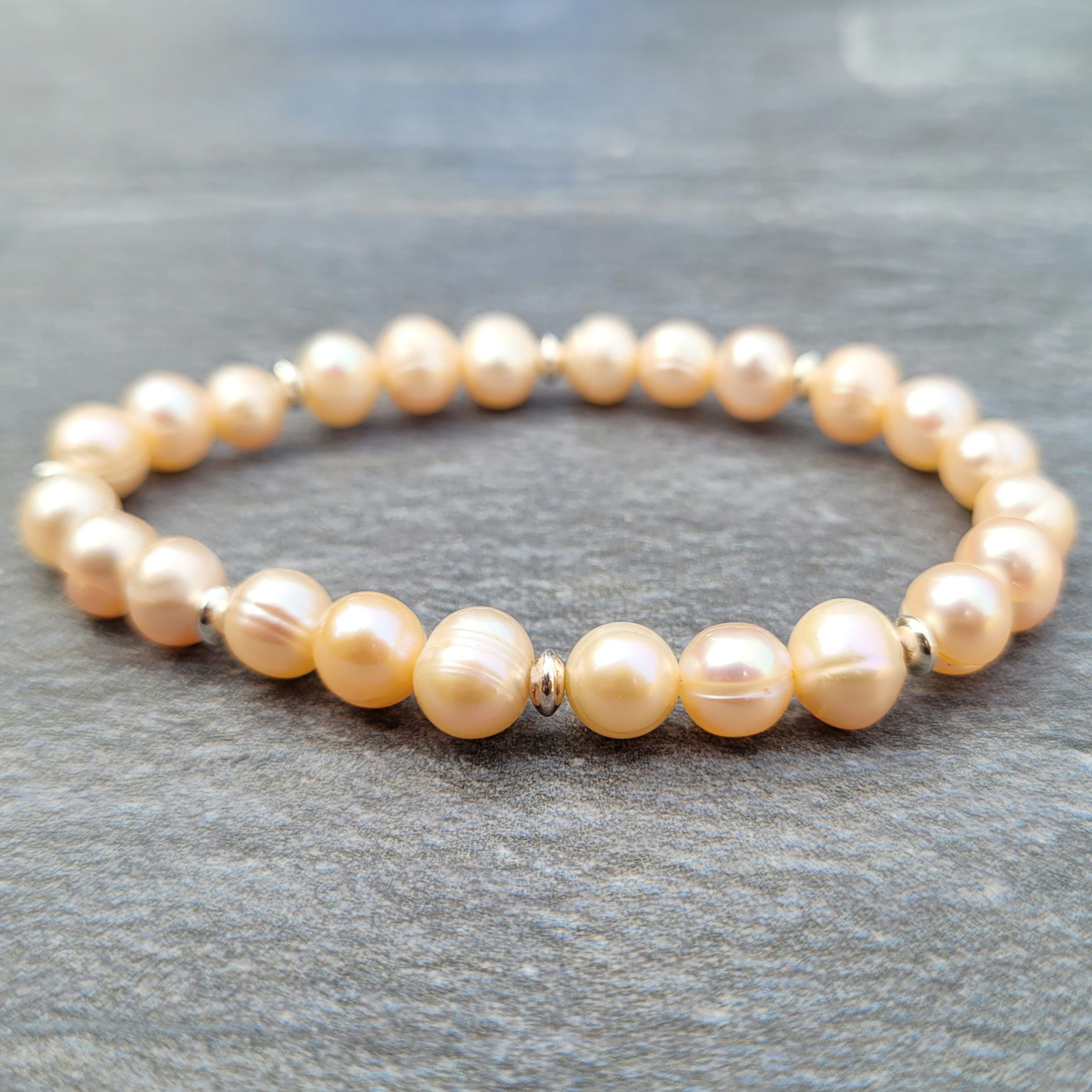 Natural Peach Pearl Stretchy Bracelet with Sterling Silver beads