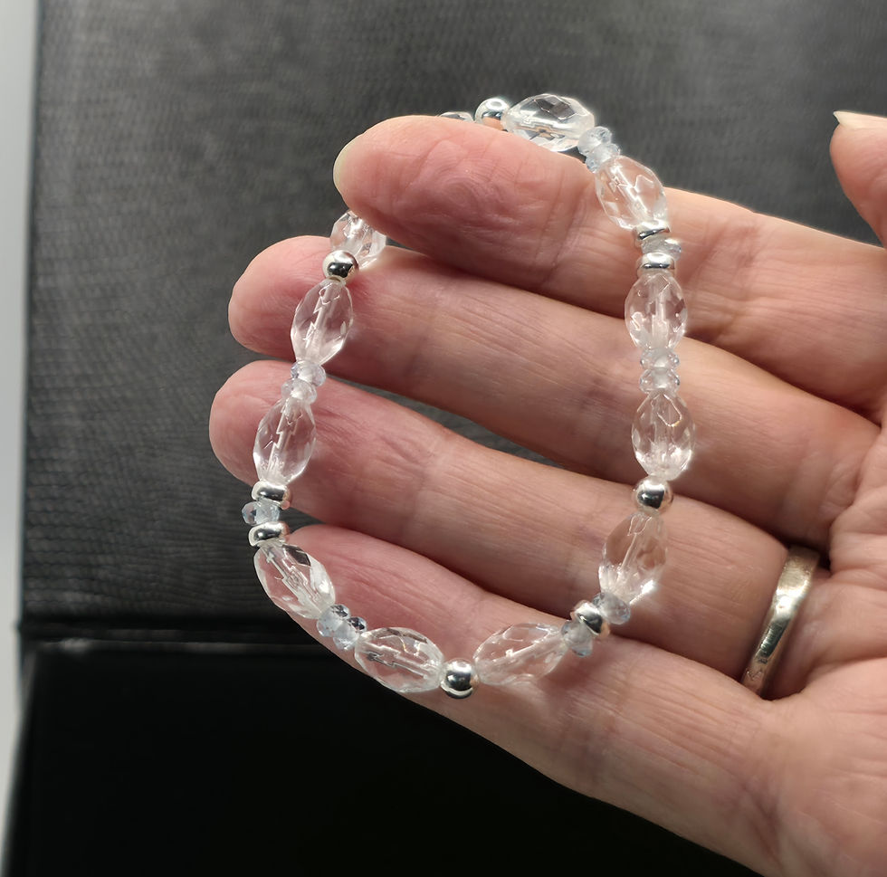 Thumbnail: Quartz, Aquamarine and Sterling Silver Stretchy Bracelet, One of