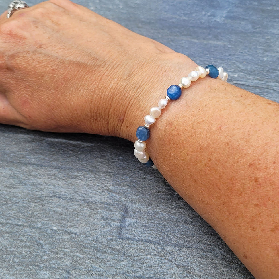Thumbnail: Cultured pearl, Nilamani and sterling silver stretchy bracelet displayed on wrist