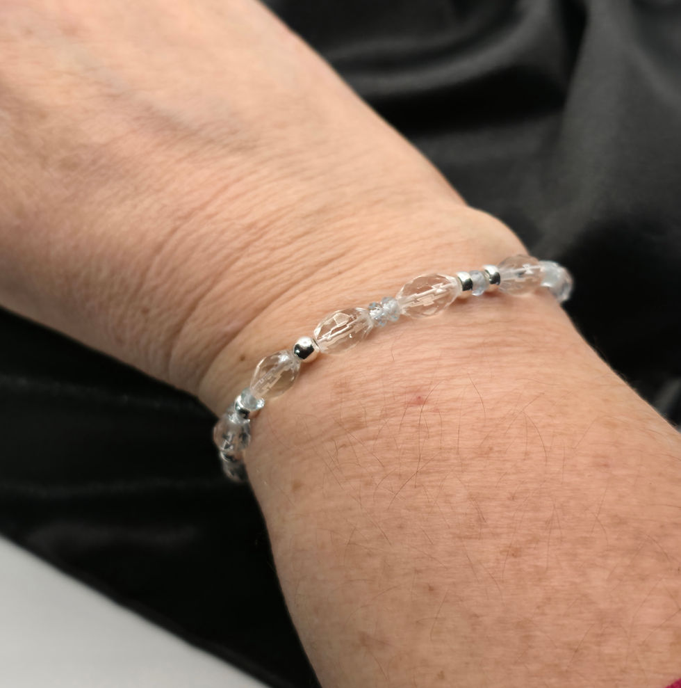 Thumbnail: Quartz, Aquamarine and Sterling Silver Stretchy Bracelet, One of